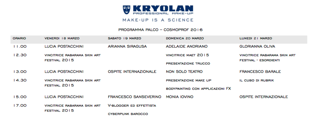Programma Eventi Kryolan Comsoprof 2016 Programma Eventi Kryolan Comsoprof 2016