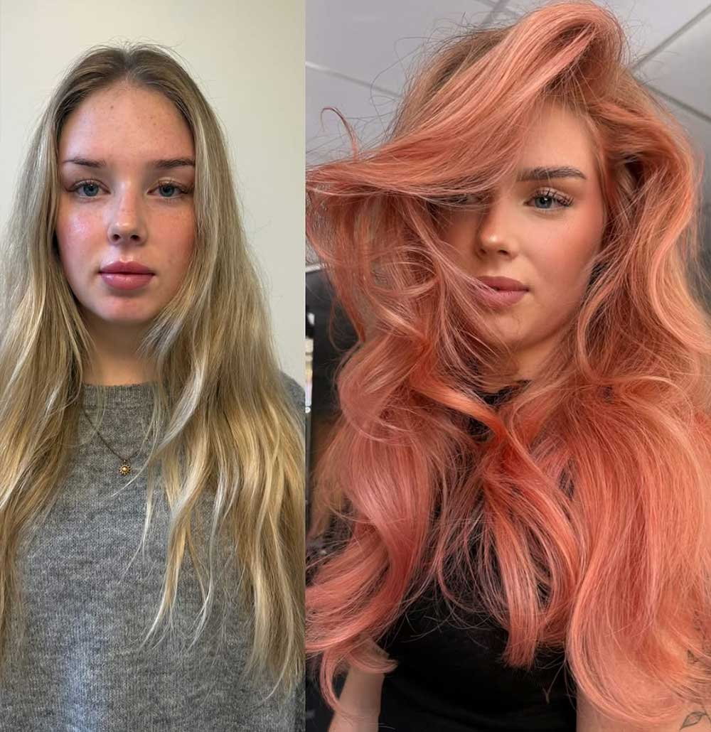 Capelli rosa pesca caldi prima e dopo Capelli rosa pesca caldi prima e dopo