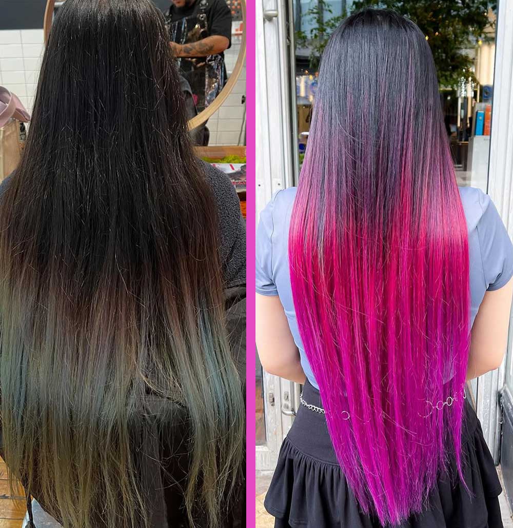 Prima e dopo di capelli lunghi con punte rosa Prima e dopo di capelli lunghi con punte rosa