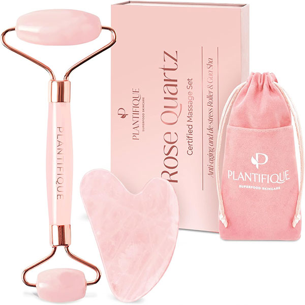 PLANTIFIQUE Rullo di Quarzo Rosa e Gua Sha 100% PLANTIFIQUE Rullo di Quarzo Rosa e Gua Sha 100%