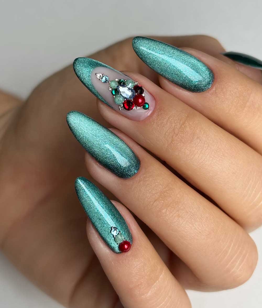 Unghie verde petrolio magnetiche con brillanti Unghie verde petrolio magnetiche con brillanti