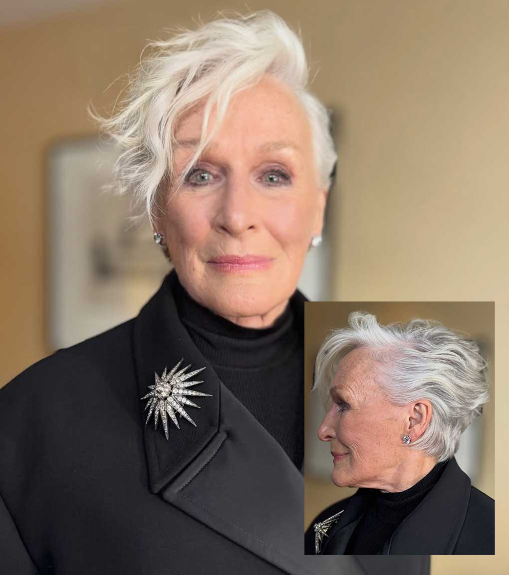 L'attrice Glenn Close con un pixie cut con maxi ciuffo L'attrice Glenn Close con un pixie cut con maxi ciuffo