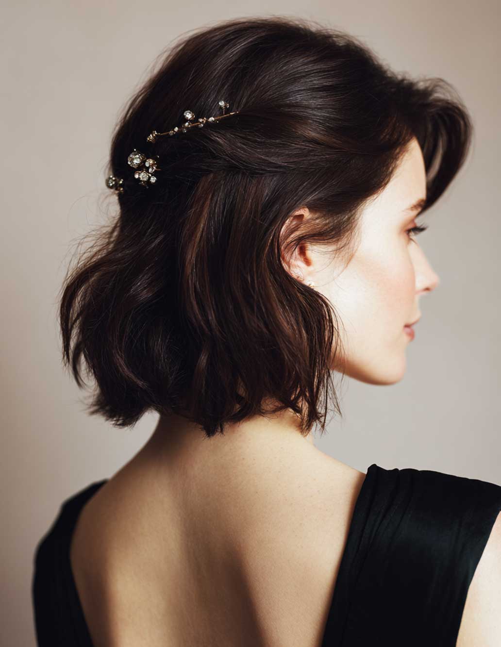 Acconciature cerimonia capelli corti - Semiraccolto con fermaglio gioiello Acconciature cerimonia capelli corti - Semiraccolto con fermaglio gioiello